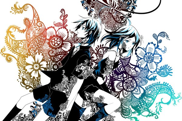 Anime picture 1600x1067 with original myhilary short hair blue eyes smile white background ahoge tattoo back to back girl thighhighs boy flower (flowers) choker shorts