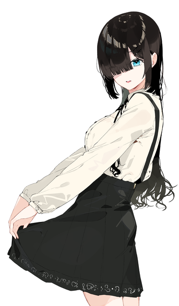 Anime picture 2040x3472 with original kayahara (kayaka) single long hair tall image looking at viewer fringe highres blue eyes black hair simple background white background blunt bangs parted lips hair over one eye girl skirt black skirt blouse virgin killer outfit