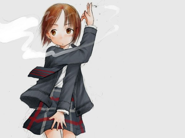 Anime picture 1024x768 with ichigo mashimaro itou nobue single short hair simple background brown hair holding brown eyes looking away parted lips wind grey background plaid skirt smoke covering plaid girl skirt uniform school uniform