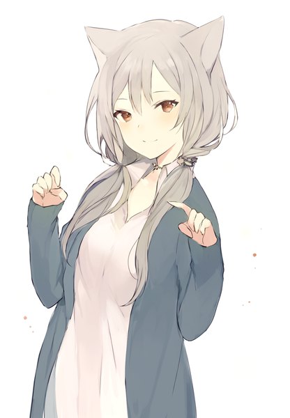 Anime picture 734x1057 with original lpip single long hair tall image looking at viewer fringe simple background smile hair between eyes white background twintails brown eyes upper body grey hair open clothes cat girl low twintails tsurime girl
