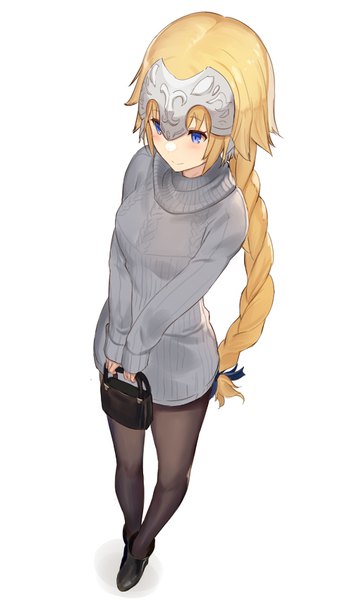 Anime picture 492x850 with fate (series) fate/grand order jeanne d'arc (fate) (all) jeanne d'arc (fate) keemu (occhoko-cho) single long hair tall image blush fringe blue eyes simple background blonde hair standing white background holding looking away braid (braids) from above alternate costume