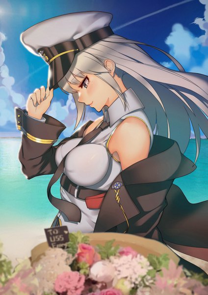 Anime picture 2480x3508 with azur lane enterprise (azur lane) ayasaki nako single long hair tall image blush fringe highres breasts hair between eyes standing bare shoulders sky cloud (clouds) outdoors profile fingernails light smile wind