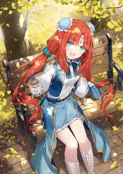 Anime-Bild 846x1200 mit genshin impact nilou (genshin impact) gabiran single long hair tall image looking at viewer open mouth sitting twintails outdoors red hair :d aqua eyes from above low twintails autumn girl leaf (leaves) knee boots