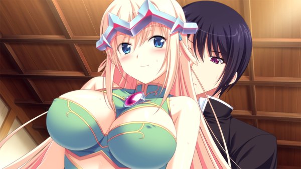 Anime picture 1280x720 with kikouyoku senki gin no toki no corona long hair blush breasts blue eyes light erotic black hair blonde hair smile wide image purple eyes game cg couple girl boy