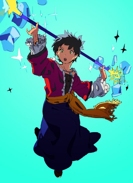Anime picture 1254x1724 with dragon quest tagme (character) uinti single tall image short hair open mouth black hair simple background blue background boy bracelet pendant staff