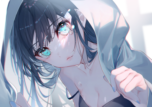 Anime picture 1736x1228 with original miwano rag single long hair looking at viewer fringe highres breasts black hair cleavage upper body nail polish aqua eyes blurry mole wet mole under eye strap slip mole under mouth anaglyph