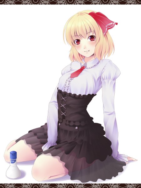 Anime picture 900x1200 with touhou rumia mochi.f single tall image blush short hair simple background blonde hair red eyes white background sitting teeth fang (fangs) girl dress bottle