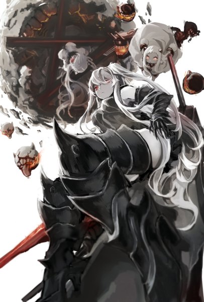 Anime picture 1200x1770 with kantai collection northern ocean hime midway hime armored aircraft carrier oni mephist long hair tall image looking at viewer fringe breasts light erotic simple background red eyes white background twintails bare shoulders multiple girls payot bent knee (knees) white hair