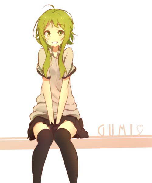 Anime picture 1000x1200 with vocaloid gumi pachi (sugiyama0306) single long hair tall image looking at viewer blush short hair simple background smile white background sitting green eyes ahoge green hair character names girl thighhighs black thighhighs
