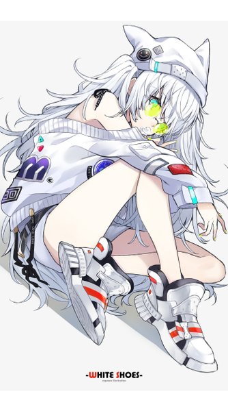 Anime picture 2784x5000 with original sogawa single long hair tall image looking at viewer fringe highres simple background sitting holding signed full body bent knee (knees) white hair long sleeves nail polish aqua eyes off shoulder inscription