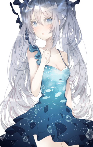 Anime picture 1063x1682 with vocaloid shinkai shoujo (vocaloid) hatsune miku siho (ricchil) single long hair tall image looking at viewer blush fringe breasts open mouth blue eyes simple background hair between eyes white background twintails bare shoulders cleavage silver hair