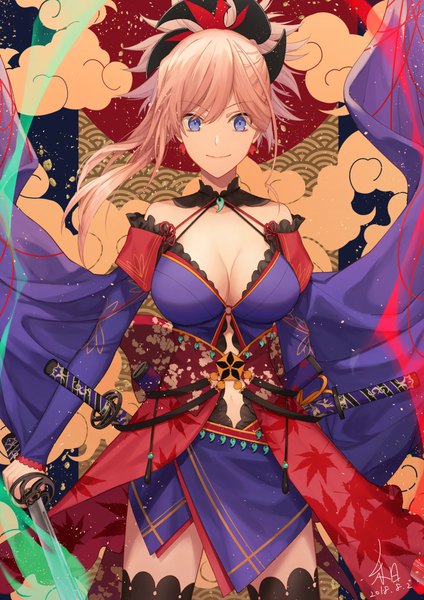 Anime picture 800x1132 with fate (series) fate/grand order miyamoto musashi (fate) heri (sniper579) single long hair tall image looking at viewer breasts blue eyes light erotic pink hair cleavage ponytail light smile seigaiha girl thighhighs weapon detached sleeves