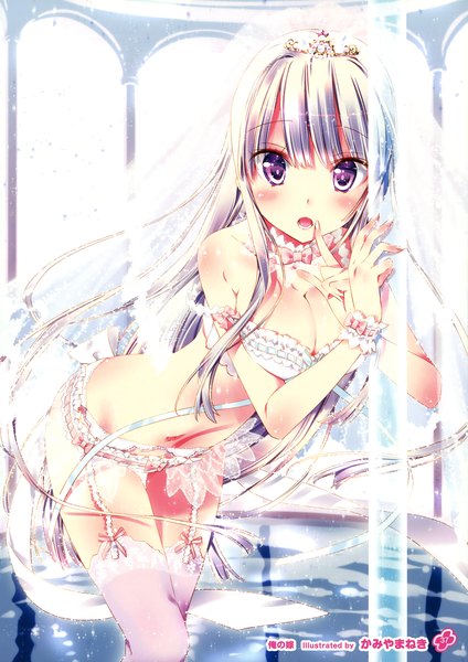 Anime picture 2543x3600 with girls, girls, girls! 11 (artbook) kamiya maneki single long hair tall image looking at viewer blush highres breasts open mouth light erotic purple eyes silver hair scan official art wedding girl thighhighs underwear panties