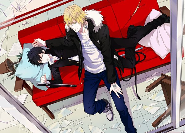 Anime picture 1030x741 with katekyou hitman reborn hibari kyouya dino cavallone rontaso short hair black hair blonde hair sitting yellow eyes lying black eyes open clothes open jacket multiple boys tattoo boy pillow 2 boys couch debris