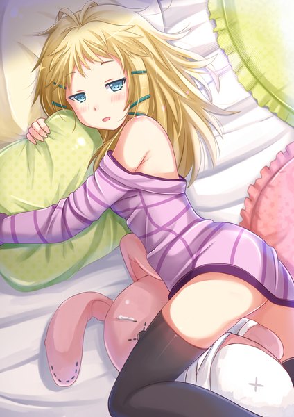 Anime picture 1200x1697 with black bullet kinema citrus tina sprout kazenokaze single long hair tall image blush open mouth blue eyes light erotic blonde hair girl thighhighs black thighhighs pillow x hair ornament