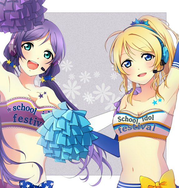 Anime picture 1000x1045 with love live! school idol project sunrise (studio) love live! toujou nozomi ayase eli kosato (0601yuka) long hair tall image looking at viewer blush breasts open mouth blue eyes blonde hair smile multiple girls green eyes cleavage purple hair ponytail
