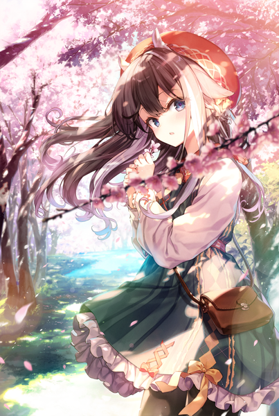 Anime picture 1344x2000 with original shnva single long hair tall image looking at viewer blush fringe open mouth blue eyes brown hair standing holding outdoors braid (braids) long sleeves head tilt horn (horns) wind cherry blossoms