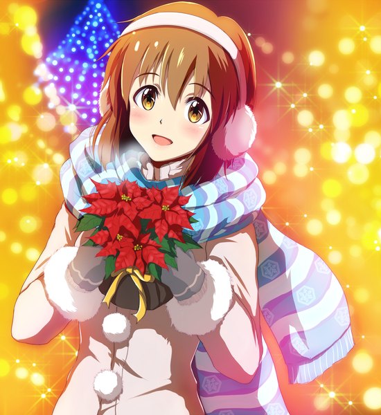 Anime picture 1100x1200 with idolmaster hagiwara yukiho hina (araburu-hinadori) single tall image looking at viewer blush short hair open mouth brown hair yellow eyes christmas girl flower (flowers) hairband headphones scarf coat bouquet mittens