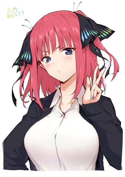 Anime-Bild 778x1100 mit go-toubun no hanayome nakano nino haoni single tall image looking at viewer blush fringe short hair breasts blue eyes simple background large breasts white background upper body red hair blunt bangs nail polish head tilt fingernails