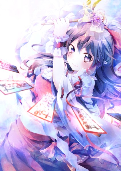 Anime picture 700x990 with touhou hakurei reimu riichu single long hair tall image blush black hair smile purple eyes traditional clothes hair flower girl skirt hair ornament flower (flowers) bow ribbon (ribbons) hair bow detached sleeves
