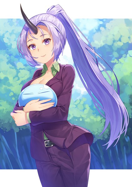 Anime picture 707x1000 with tensei shitara slime datta ken studio bones 8bit rimuru tempest shion (tensei shitara slime datta ken) kibanda gohan single long hair tall image looking at viewer breasts smile purple eyes holding payot cleavage purple hair ponytail horn (horns) girl