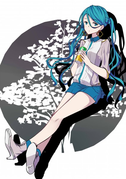 Anime picture 1200x1696 with vocaloid hatsune miku jia qingwa single long hair tall image looking at viewer blue eyes twintails holding aqua hair alternate costume crossed legs alternate hairstyle pale skin girl earrings shorts short shorts