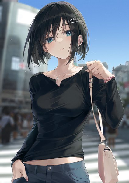 Anime picture 1200x1697 with original r o ha single tall image looking at viewer blush fringe short hair breasts blue eyes black hair hair between eyes large breasts standing sky outdoors long sleeves head tilt blurry solo focus