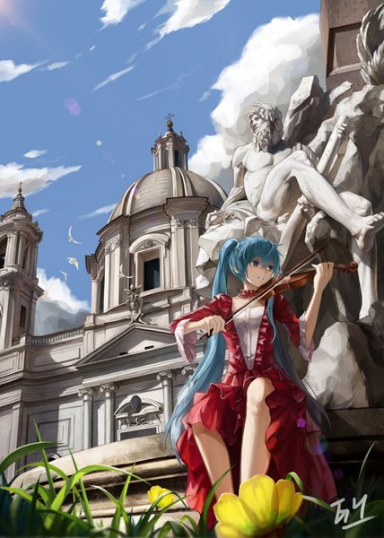 Anime picture 1136x1594 with vocaloid hatsune miku gyicarus single long hair tall image blue eyes twintails signed blue hair cloud (clouds) girl dress flower (flowers) violin statue bow (instrument)