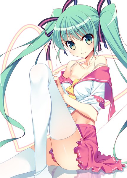 Anime picture 1480x2071 with vocaloid hatsune miku hoshi ichi single long hair tall image looking at viewer breasts light erotic simple background smile white background sitting twintails green eyes green hair alternate costume wavy hair bent over girl