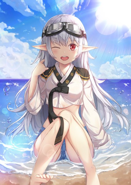 Anime picture 2759x3881 with dungeon and fighter tagme (character) hallohi single long hair tall image looking at viewer blush fringe highres open mouth light erotic smile red eyes sitting payot sky silver hair cloud (clouds) bent knee (knees)