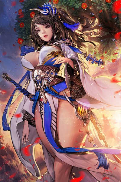 Anime picture 600x900 with original nightmadness long hair tall image looking at viewer breasts light erotic black hair large breasts black eyes girl dress hair ornament flower (flowers) weapon petals sword
