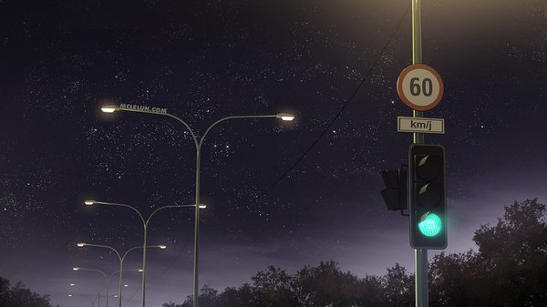 Anime picture 1280x720 with original mclelun wide image signed night night sky no people plant (plants) tree (trees) star (stars) lamppost traffic sign traffic lights