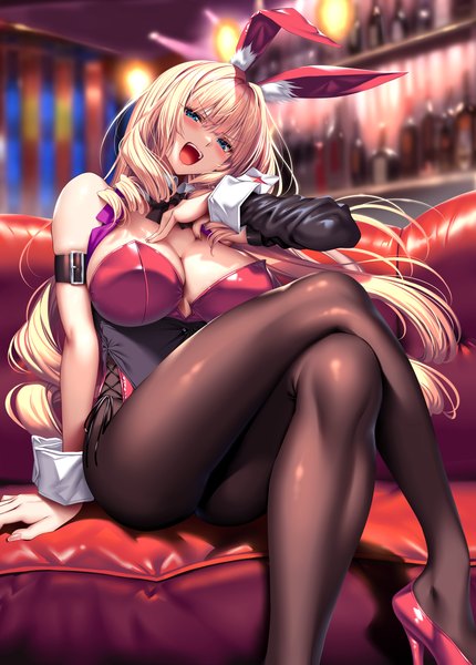 Anime picture 2010x2805 with hanikami kanojo shoudou erena piromizu single long hair tall image looking at viewer blush fringe highres breasts open mouth blue eyes light erotic blonde hair smile large breasts sitting animal ears indoors