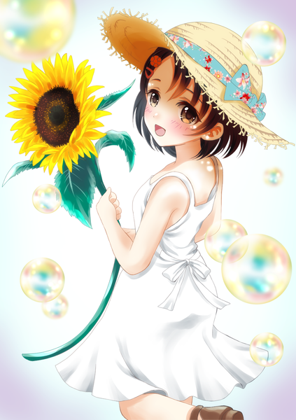 Anime picture 1000x1417 with idolmaster idolmaster cinderella girls sasaki chie sheepd single tall image blush short hair open mouth brown hair white background bare shoulders brown eyes looking away looking back summer girl flower (flowers) hat hairclip