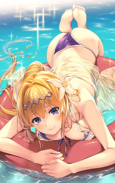 Anime picture 1200x1900 with granblue fantasy jeanne d'arc (granblue fantasy) akanagi youto single long hair tall image looking at viewer blush fringe breasts light erotic blonde hair smile hair between eyes large breasts purple eyes cleavage ass outdoors ponytail
