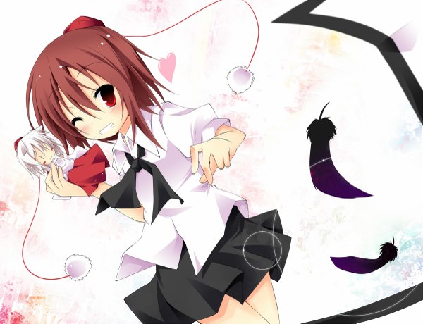 Anime picture 1200x921 with touhou shameimaru aya inubashiri momiji ichihina (artist) single short hair red eyes brown hair white background white hair one eye closed wink minigirl girl skirt miniskirt shirt heart feather (feathers)