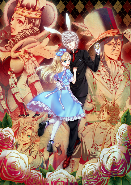 Anime picture 1000x1414 with alice in wonderland alice (wonderland) white rabbit cheshire cat mad hatter shiroya (artist) long hair tall image short hair open mouth blue eyes blonde hair smile red eyes multiple girls animal ears white hair grey hair bunny ears bunny boy