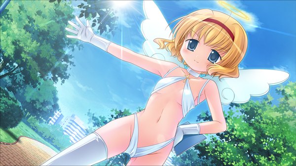 Anime picture 1024x576 with sanarara r nekoneko soft single short hair blue eyes light erotic blonde hair wide image game cg fake wings girl thighhighs gloves navel white thighhighs wings hairband halo