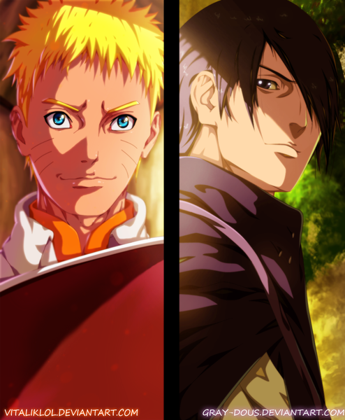 Anime picture 960x1165 with naruto studio pierrot naruto (series) uzumaki naruto uchiha sasuke gray-dous vitaliklol tall image fringe short hair blue eyes black hair blonde hair smile black eyes sunlight hair over one eye coloring facial mark multiview