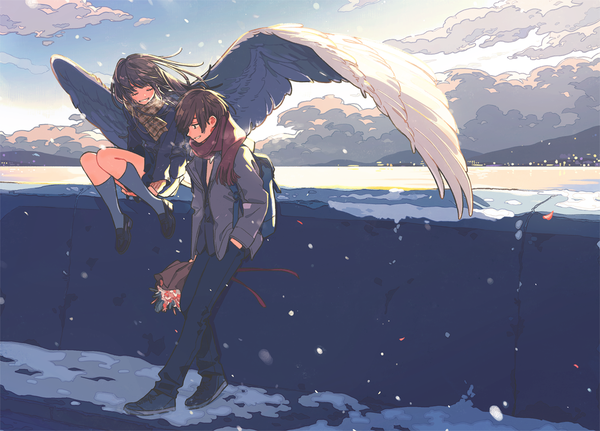 Anime picture 1392x1000 with original kurokeisin long hair fringe short hair smile brown hair standing sitting holding looking away cloud (clouds) outdoors eyes closed parted lips profile couple grin snowing winter