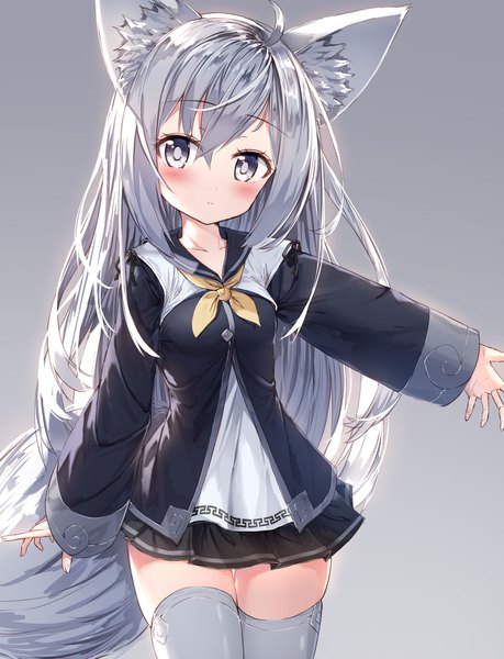 Anime picture 1500x1961 with blade & soul lyn (blade & soul) tandohark single tall image blush fringe simple background hair between eyes animal ears silver hair ahoge tail head tilt animal tail pleated skirt grey background zettai ryouiki fox ears gradient background