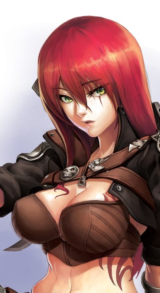Anime picture 1913x3506 with league of legends katarina (league of legends) oz (artist) single long hair tall image highres breasts light erotic large breasts green eyes red hair midriff tattoo girl