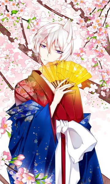 Anime picture 537x896 with kamisama hajimemashita tomoe (kamisama hajimemashita) hate ani hikae single tall image looking at viewer fringe short hair hair between eyes purple eyes animal ears silver hair upper body traditional clothes japanese clothes fingernails fox ears cherry blossoms long fingernails transparent