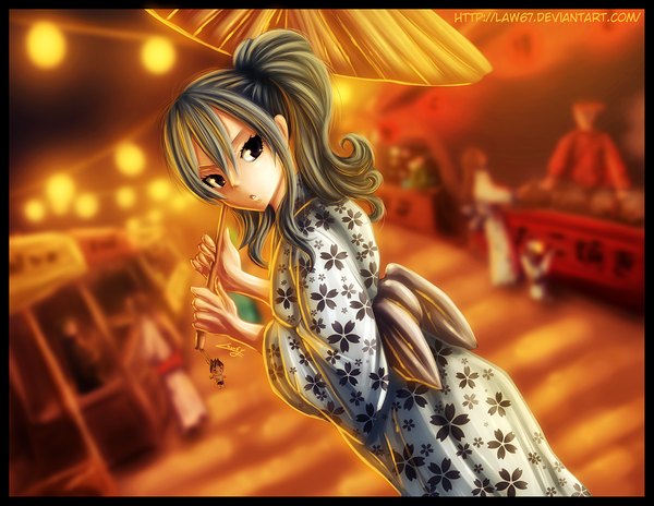 Anime picture 1291x1000 with fairy tail juvia lockser law67 long hair blue hair ponytail traditional clothes japanese clothes looking back black eyes :o coloring framed girl bow kimono umbrella obi lantern yukata