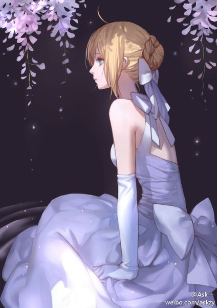 Anime picture 689x975 with fate (series) fate/stay night type-moon artoria pendragon (all) saber ask (askzy) single long hair tall image fringe blue eyes simple background blonde hair sitting bare shoulders looking away ahoge braid (braids) hair bun (hair buns) black background