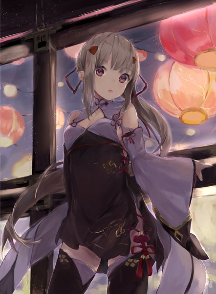 Anime picture 1191x1616 with azur lane ayanami (azur lane) ayanami (lunar demon god) (azur lane) hanagin single long hair tall image looking at viewer fringe open mouth standing bare shoulders brown eyes payot cleavage ponytail traditional clothes grey hair wide sleeves floating hair