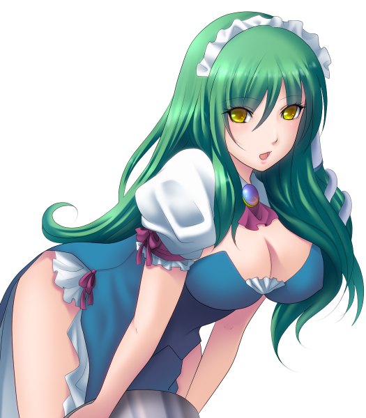 Anime picture 1050x1200 with touhou kochiya sanae kuroma (atapi) single long hair tall image looking at viewer breasts open mouth light erotic simple background large breasts white background yellow eyes green hair waitress girl dress hair tubes