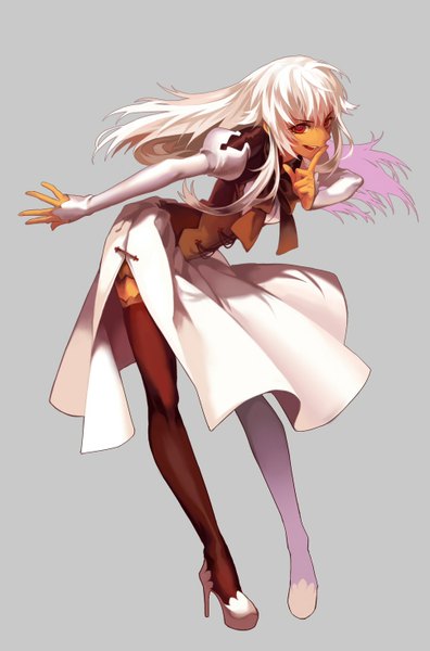 Anime picture 970x1471 with carrot (supercarrot) single long hair tall image looking at viewer fringe open mouth simple background red eyes standing white hair long sleeves grey background shadow puffy sleeves finger to mouth girl bow boots