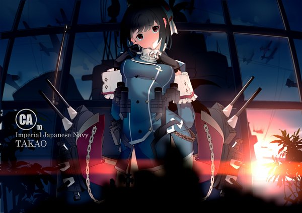 Anime picture 1023x723 with kantai collection takao heavy cruiser bthx single looking at viewer short hair black hair sunlight inscription character names evening sunset girl skirt gloves weapon plant (plants) miniskirt tree (trees) black gloves