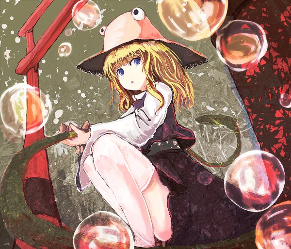 Anime picture 1200x1029 with touhou moriya suwako mishaguji ashiyama yoshinori (artist) single long hair blue eyes blonde hair sitting girl thighhighs hat white thighhighs bubble (bubbles) torii